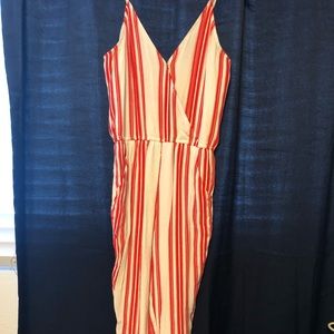 Red and white striped jumpsuit with pockets